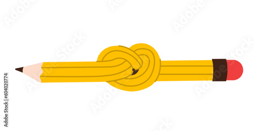 Pencil tied in knot. School and office supplies. Vector flat illustration.