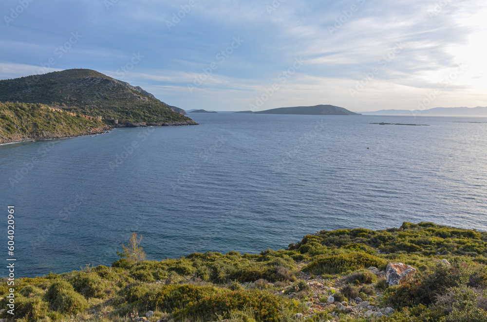 scenic view of Tuzla Bay and Kara Ada island on Turkish Aegean coast near Kucukbahce (Karaburun, Izmir province, Turkiye)