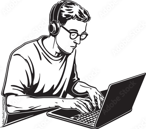 Man work in laptop vector illustration, SVG