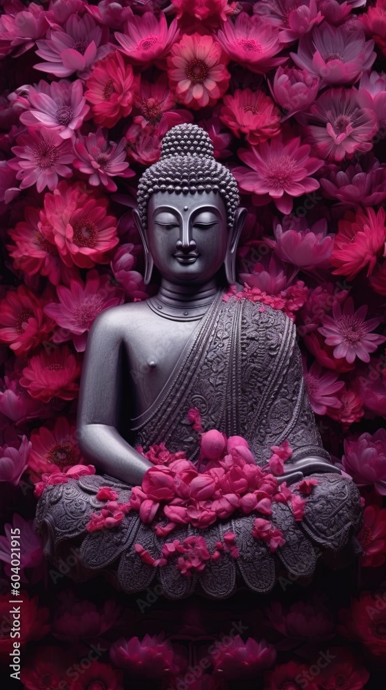 Buddha statue with lotus flower background.Generative Ai