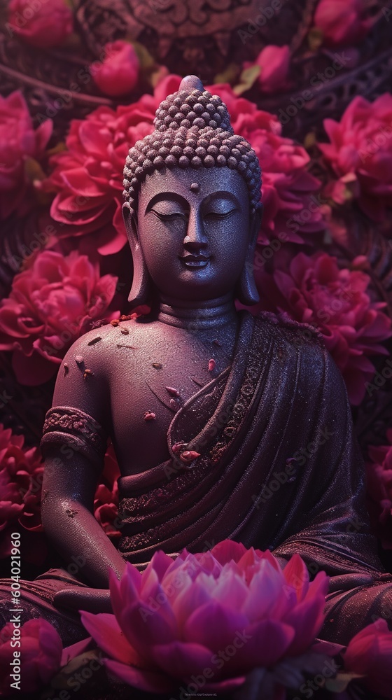 Buddha statue with lotus flower background.Generative Ai