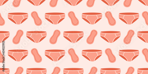 Menstrual periods seamless pattern tampon, pads, menstrual cup. Female regular menstrual cycle concept.