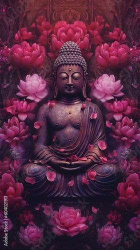 Buddha statue with lotus flower background.Generative Ai © Rudsaphon