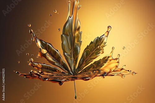  Fresh hemp  leaf  and oil splash.  Cbd therapeutic. AI generative