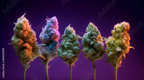 Cannabis plants - Legal Marijuana Plant - Smoking weed - Purple background - Cannabis culture - many buds cannabis - Generative AI photo