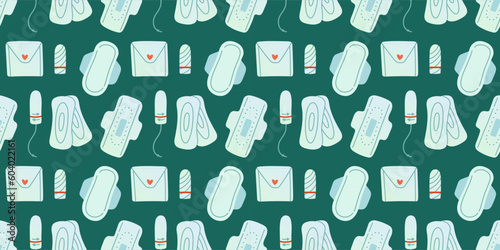 Menstrual periods seamless pattern tampon, pads, menstrual cup. Female regular menstrual cycle concept.