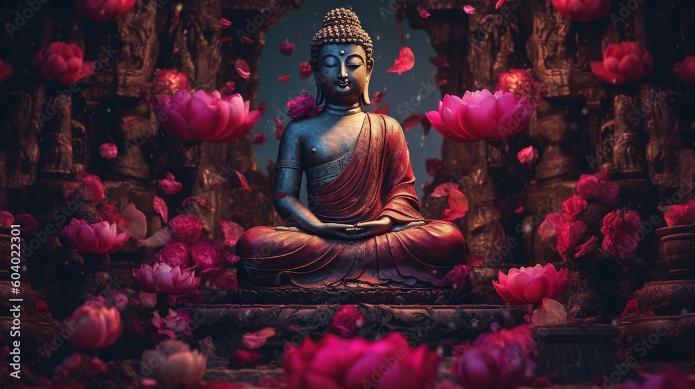 Buddha statue with lotus flower background.Generative Ai