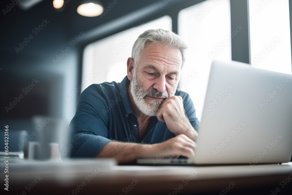 Senior man or manager sitting at computer laptop reading or thinking - manager topic, computer problems, making decision - Generative AI. Senior man or manager sitting at computer laptop reading or thinking - manager topic, computer problems, making decision - Generative AI.
