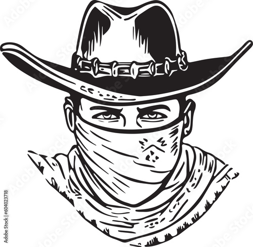Cowboy man in a hat and balaclava mask vector illustration, SVG