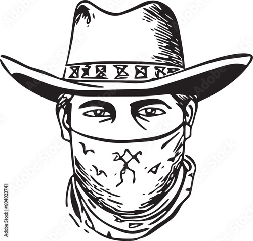 Cowboy man in a hat and balaclava mask vector illustration, SVG
