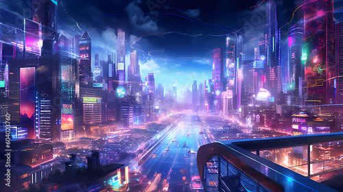 the concept of artificial intelligence through a futuristic cityscape at night  Generative AI