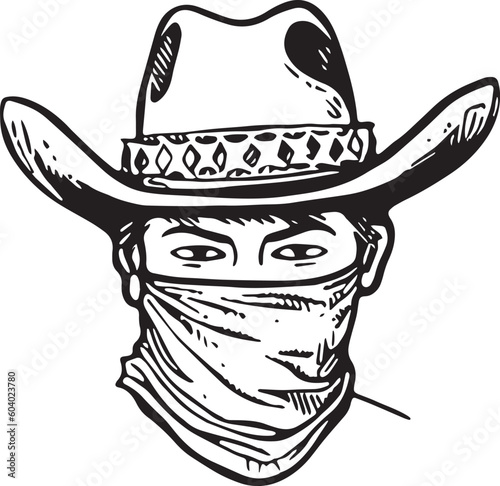 Cowboy man in a hat and balaclava mask vector illustration, SVG