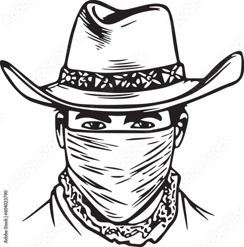 Cowboy man in a hat and balaclava mask vector illustration, SVG