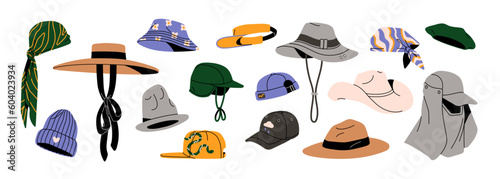 Headwear of different types set. Caps, summer panama, visor, beach, cowboy, fishing hat, beret, bandana. Head wearing, clothes collection. Flat graphic vector illustration isolated on white background