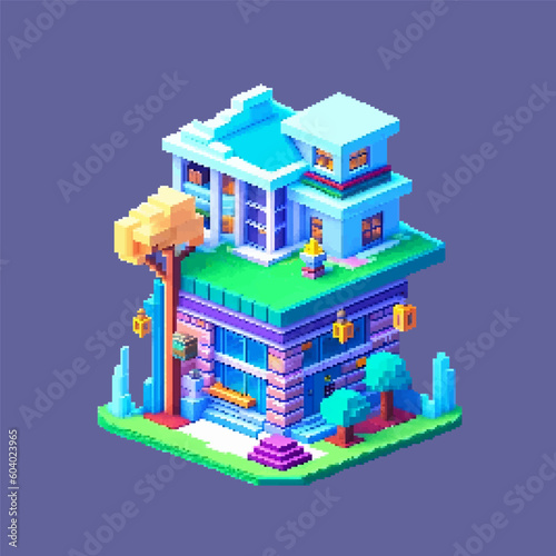 Three-dimensional projection pixel 8-bit art view of the city. 3D Illustration of houses module block district part. Scenery arcade video game background