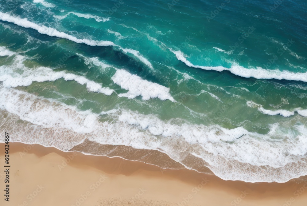 Aerial top down view of beach and sea with blue water, Ocean waves on the beach, Beautiful natural summer vacation. Generative AI.
