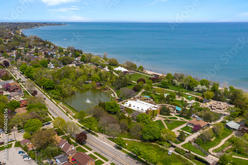 Racine, WI USA - May 18 14 , 2023: Aerial view of the Racine Zoo located on the shores of Lake Michigan in Racine Wisconsin 