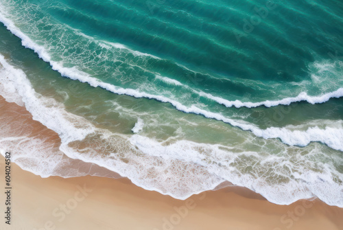 Aerial top down view of beach and sea with blue water, Ocean waves on the beach, Beautiful natural summer vacation. Generative AI. © Kirill