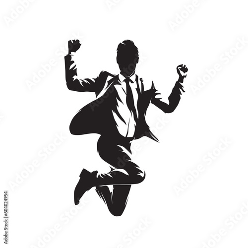 Business man jumps and rejoices in success. Gesture of success, clenched fists. Isolated vector silhouette