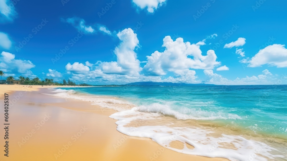 Closeup sea sand beach. Panoramic beach landscape. Inspiringtropical beach seascape. Blue sky calmness tranquil relaxing sunlight summer mood. Vacation travel holiday banner.