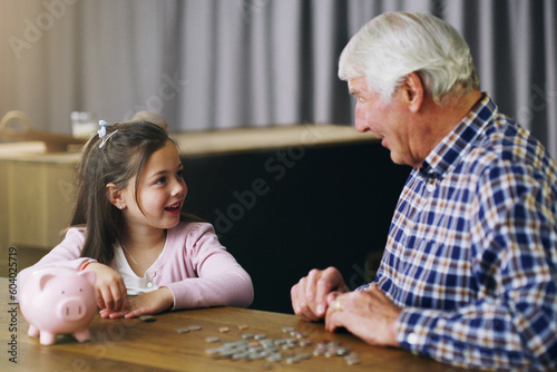 Foto Money, piggy bank and learning with child and grandfather for savings, investment and help