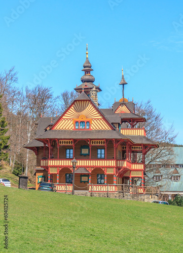 Tourist hostel designed by Dušan Jurkovič from the end of the 19th century on the Pustevny Pass in the Moravian-Silesian Beskids (Czech Republic)
