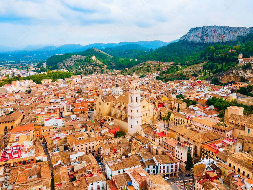Collegiate Basilica of Xativa aerial panoramic view, Spain