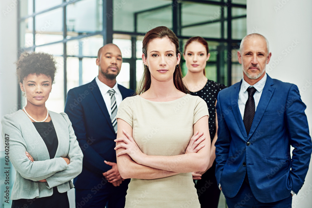 Portrait, business people and serious group with arms crossed in diversity, executive commitment or confident in office. Woman, leadership and global team of professional corporate employees together Portrait, business people and serious group with arms crossed in diversity, executive commitment or confident in office. Woman, leadership and global team of professional corporate employees together