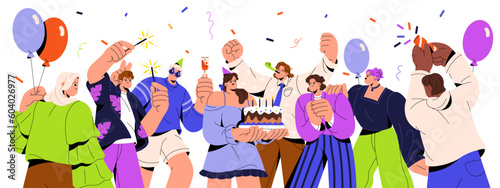 Birthday party. Happy people group celebrating festive event, holiday with cake, confetti, balloons. Young friends, youth at celebration. Flat vector illustration isolated on white background