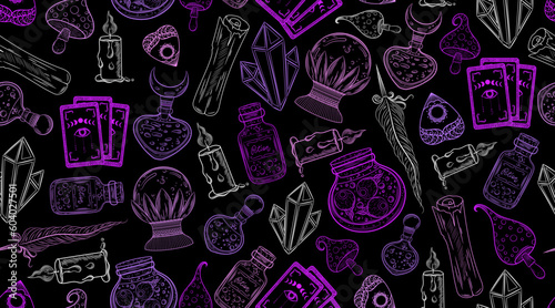 Esoteric symbols pattern. Alchemy print. Bohemian style astrology background.Potion bottles, mushrooms, candle, tarot cards, crystals. Alchemy, witchcraft backdrop.Magic monochrome esoteric silhouette