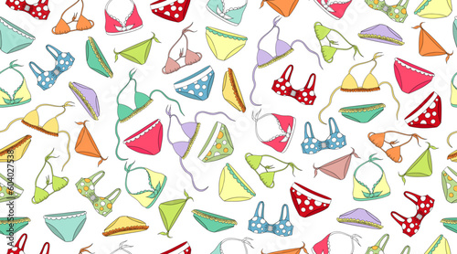 Swimsuit background. Bikini swimming suits pattern. Female swimwear, beach clothing underwear. Textile, fabric texture. Many types swimsuits. Female  swimwear, beach clothing underwear, swimming suits