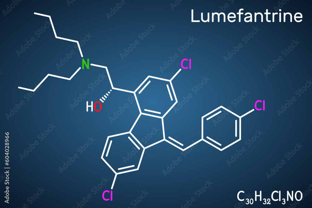 Lumefantrine, benflumetol molecule. It is used for the treatment of malaria. Structural chemical formula on the dark blue background