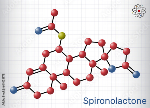 Spironolactone molecule. It is aldosterone receptor antagonist used for the treatment of hypertension, hyperaldosteronism, edema. Structural chemical formula, molecule model. Sheet of paper in a cage.