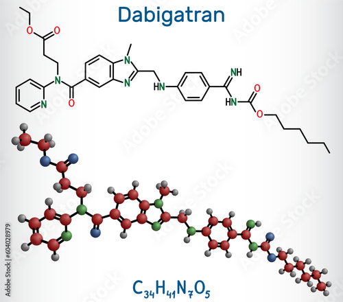 Dabigatran molecule. It is anticoagulant medication. Structural chemical formula and molecule model.