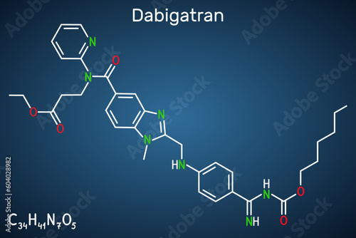 Dabigatran molecule. It is anticoagulant medication. Structural chemical formula on the dark blue background. photo