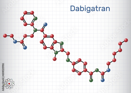 Dabigatran molecule. It is anticoagulant medication. Structural chemical formula and molecule model. Sheet of paper in a cage