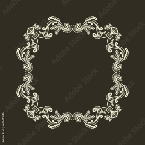 Hand Drawn Vintage damask ornamental elements for design. Baroque frame scroll ornament. Elegant abstract floral pattern border in antique style. Decorative foliage swirl edging.