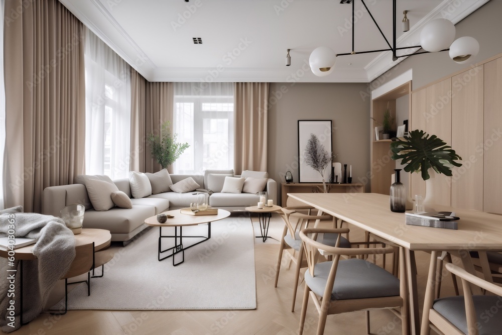 interior background room beige lifestyle architecture furniture light living room sofa green stylish. Generative AI.