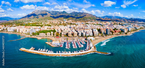 Foto Marbella city port and beach aerial panoramic view
