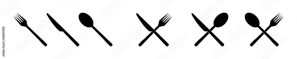 Cutlery vector icon set. Silhouette of cutlery. Fork, spoon and knife. Vector 10 Eps.