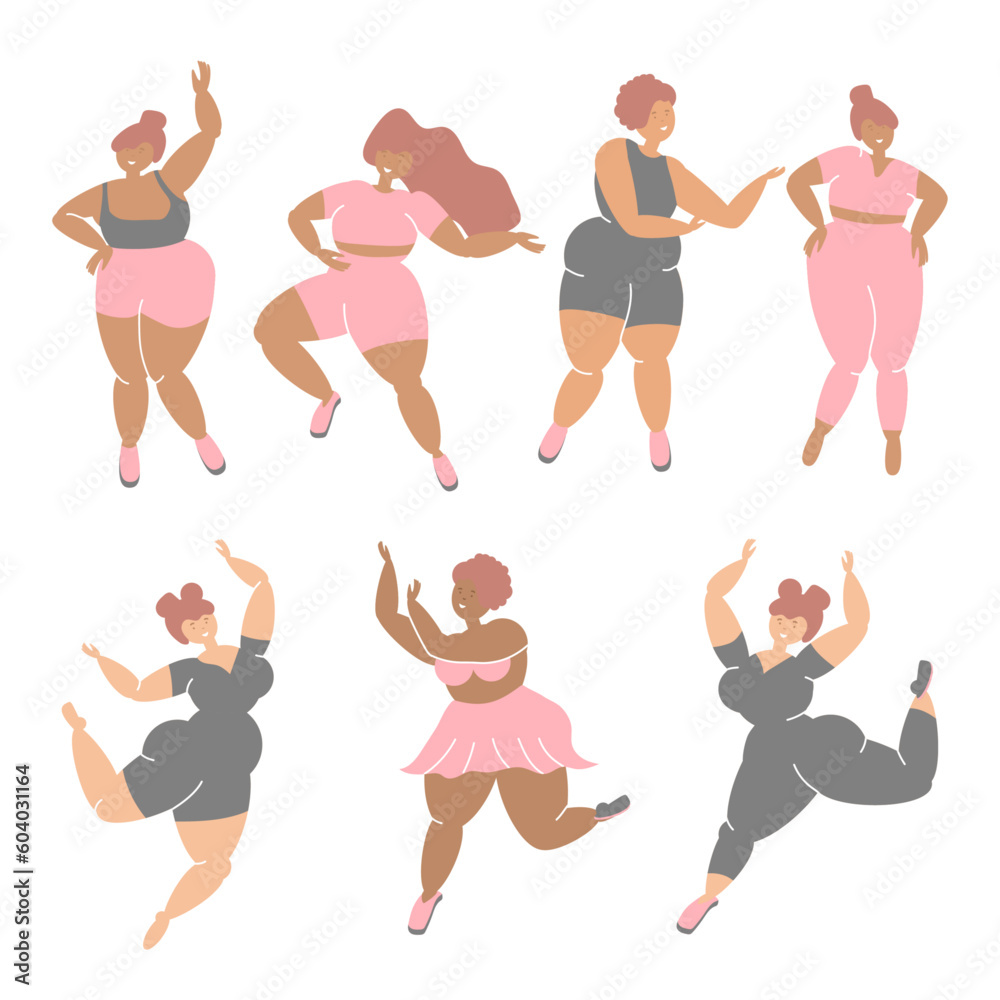 Fototapeta premium Happy plus-size woman in sportswear. Attractive overweight models wearing Yoga pants, sport jumpsuit, and fitness clothes. A vector isolated illustration.