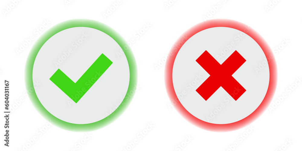 Green check mark and red cross mark buttons. Vector yes and no check marks on circles. Flat vector icon. Green check mark and red cross mark buttons. Vector yes and no check marks on circles. Flat vector icon.