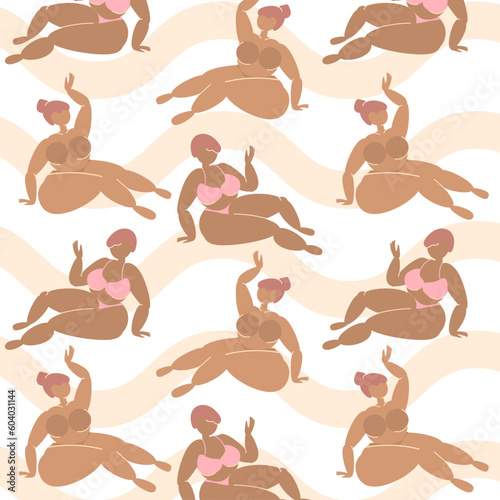 Attractive plus-size tan models in pink, and brown swimsuits. Vector pattern illustration. Body positive. Comfort colors