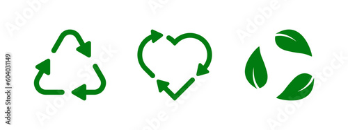Green recycling signs vector. Arrows, heart and leaf recycle eco green symbol. Rounded angles. Vector illustration. 