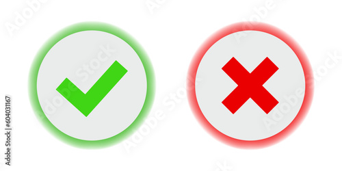 Green check mark and red cross mark buttons. Vector yes and no check marks on circles. Flat vector icon. 