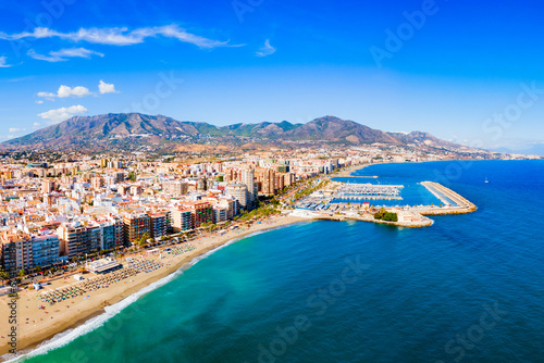 Fuengirola city beach and port aerial panoramic view photo