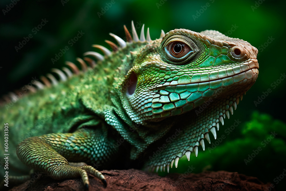 Beautiful green iguana close-up on green leaves background, wildlife. Generative AI