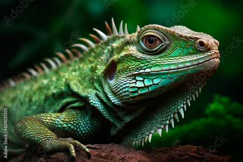 Beautiful green iguana close-up on green leaves background, wildlife. Generative AI © Мария Кривецкая