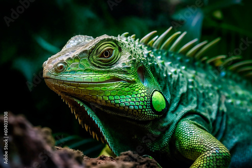 Beautiful green cute iguana close-up on green leaves background  wildlife. Generative AI