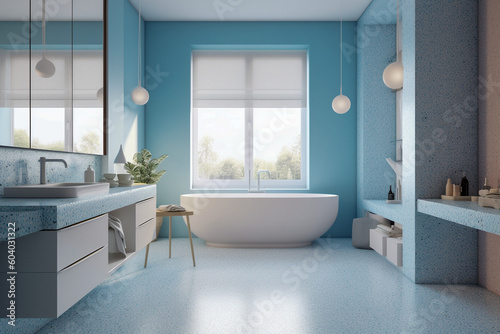 Modern cozy bathroom, classic clean interior design with blue, white and beige colors. Super photo realistic background, generative ai illustration © Anna